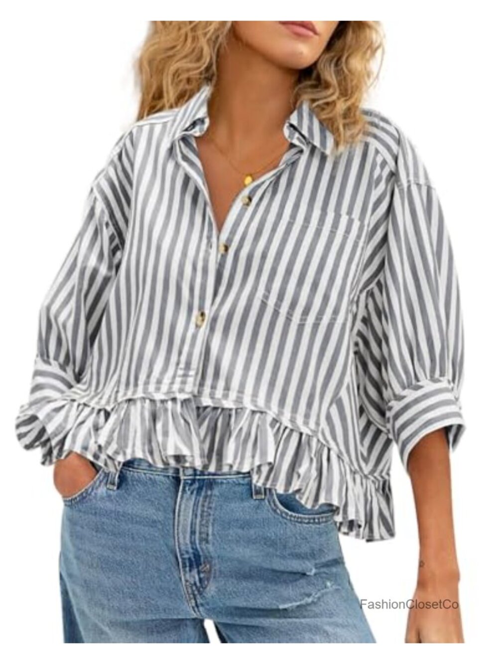 Women's Ruffle Puff Sleeve Button Down Striped Blouse